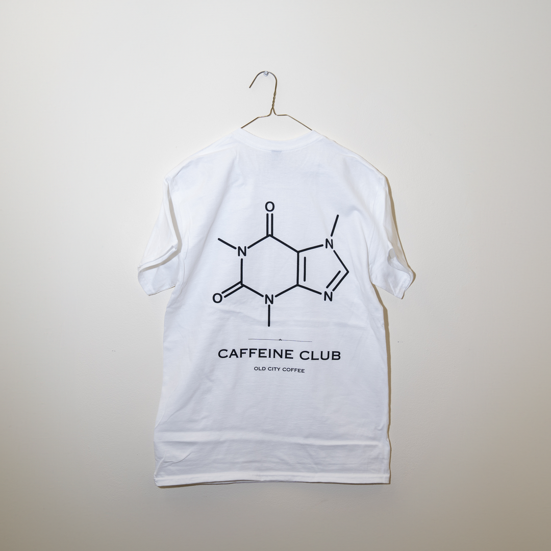 caffeine molecule and caffeine club membership on white Old City Coffee t-shirt