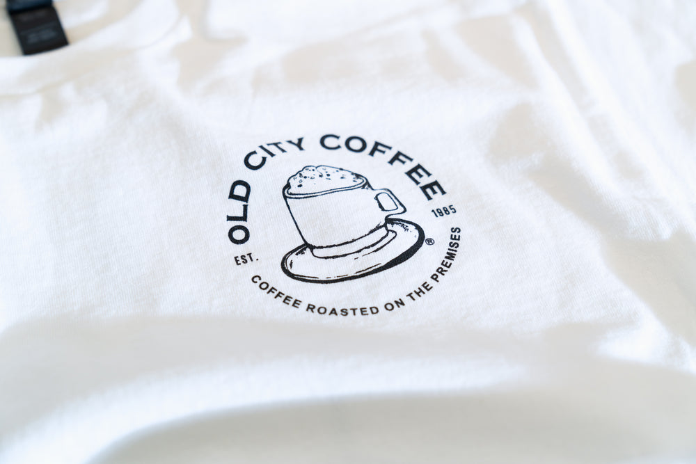 Old City Coffee vintage logo on a white t-shirt
