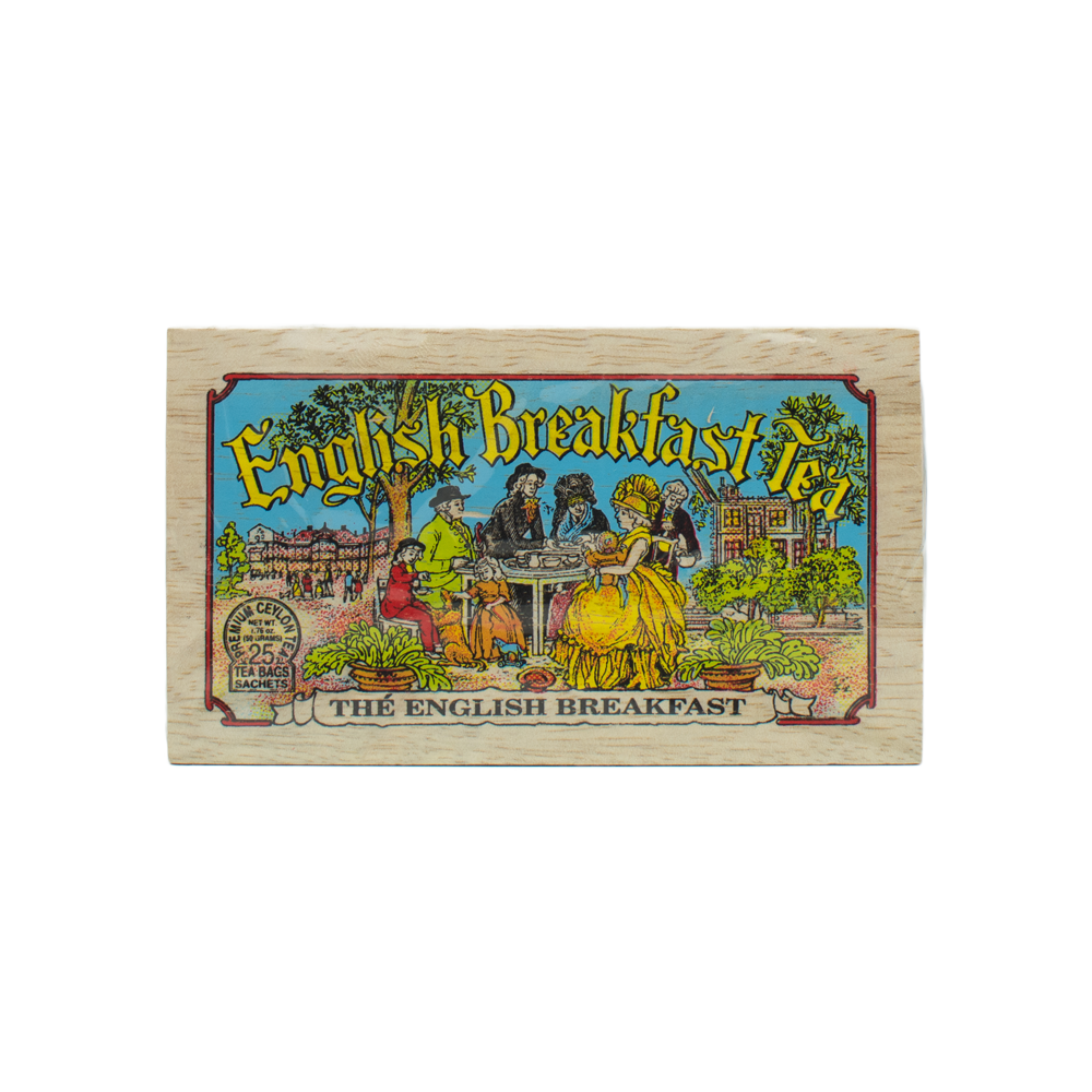 A top view of a wooden tea box that features the text "English Breakfast Tea" above an illustration of a group of people in dressy clothing sipping tea. On a transparent background.