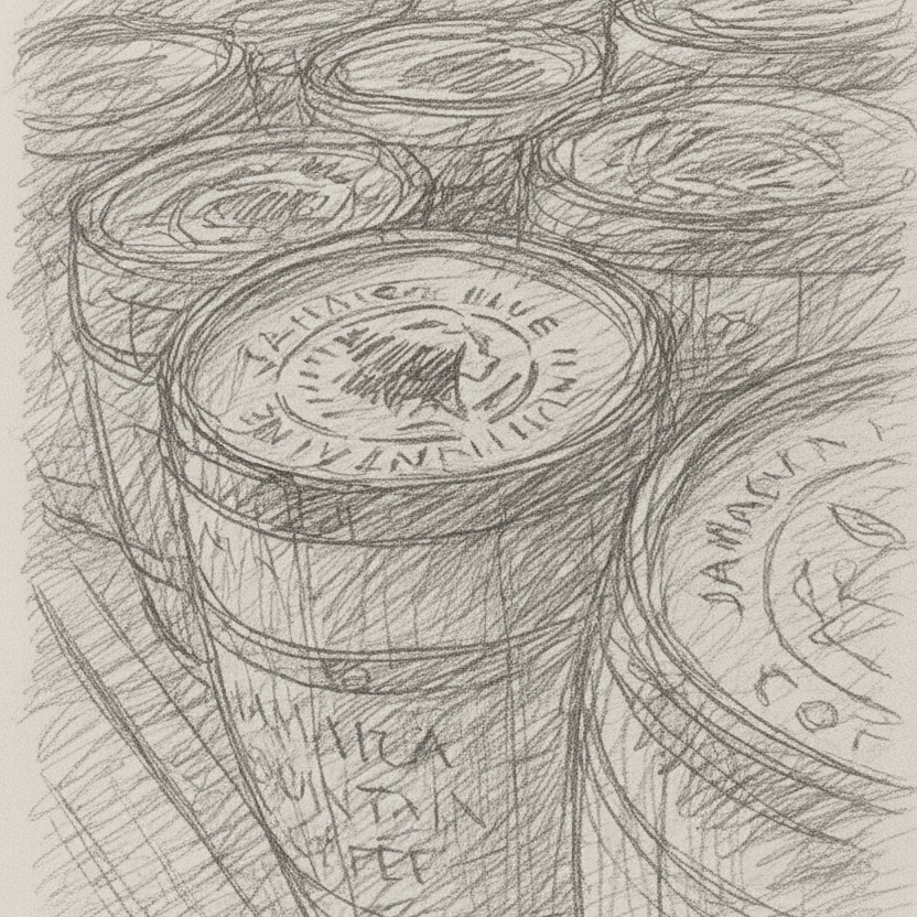 Pencil drawing of a stack of Jamaica Blue Mountain coffee barrels