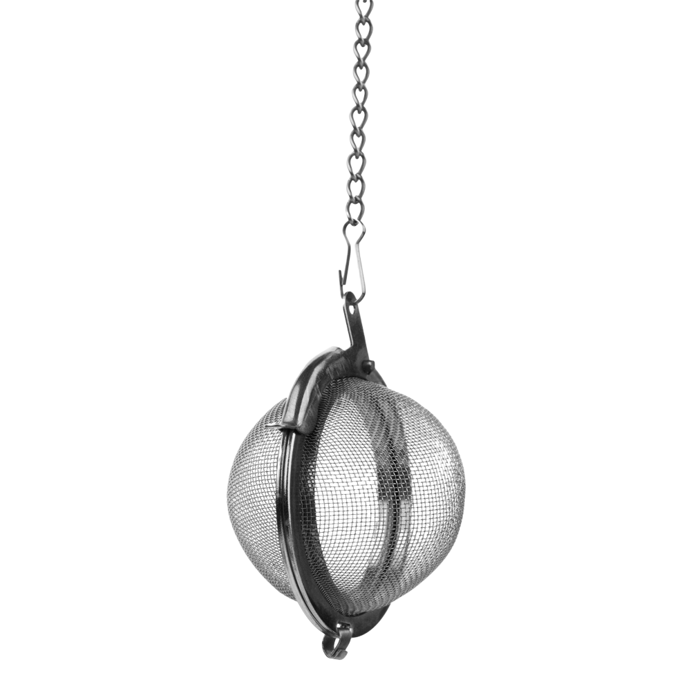 A stainless steel mesh ball tea infuser hanging from a chain, pictured on a transparent background.