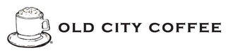 The horizontal logo of Old City Coffee, featuring a black line art drawing of a steaming coffee cup on a saucer next to the brand name in uppercase serif letters on a solid white background.