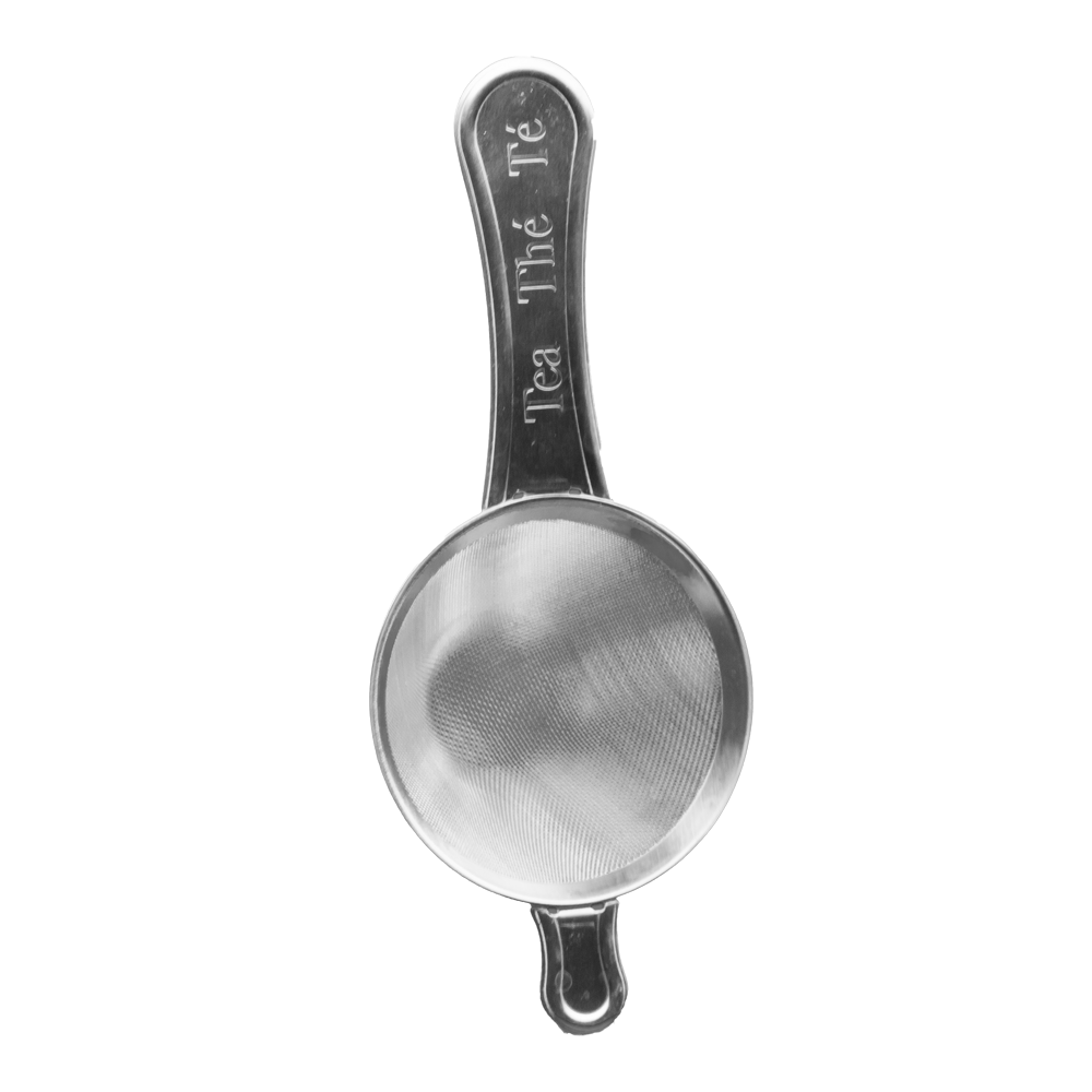A stainless steel Kensington tea strainer with the words "Tea Thé Té" inscribed in the handle, pictured on a transparent background.