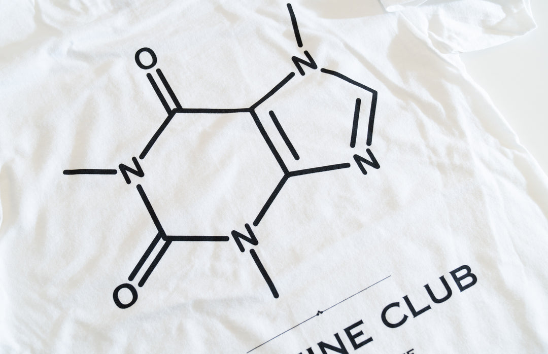 Angled close-up of the caffeine molecule and Caffeine Club print