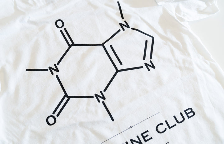 Angled close-up of the caffeine molecule and Caffeine Club print