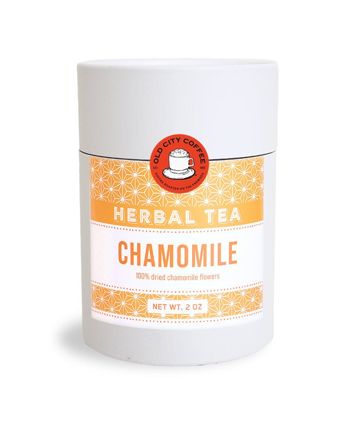 White Old City Coffee canister of chamomile herbal tea with an orange patterned label