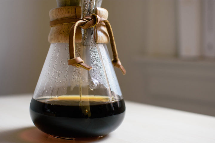 Close-up of the Chemex 3 cup filled with freshly brewed coffee