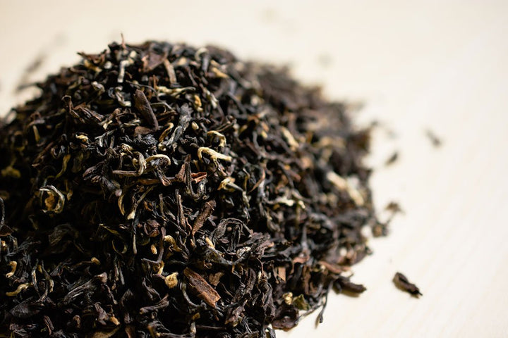 Close-up of a heap of loose Darjeeling tea leaves