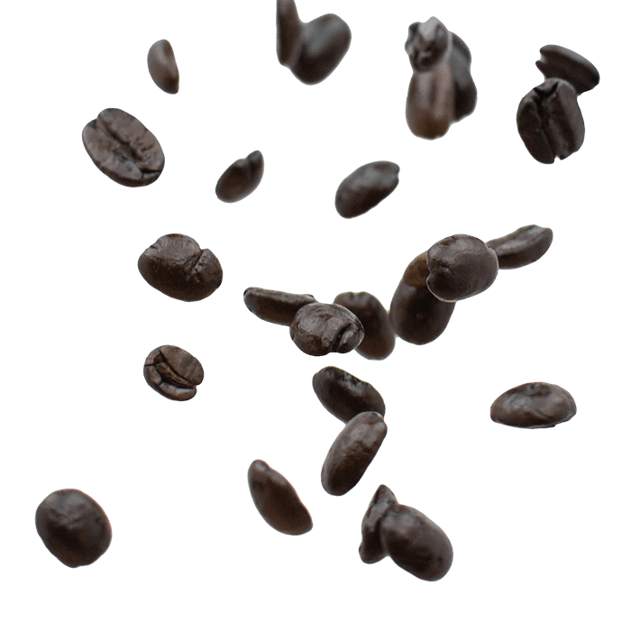 Dark roasted decaf coffee beans scattered on a white background