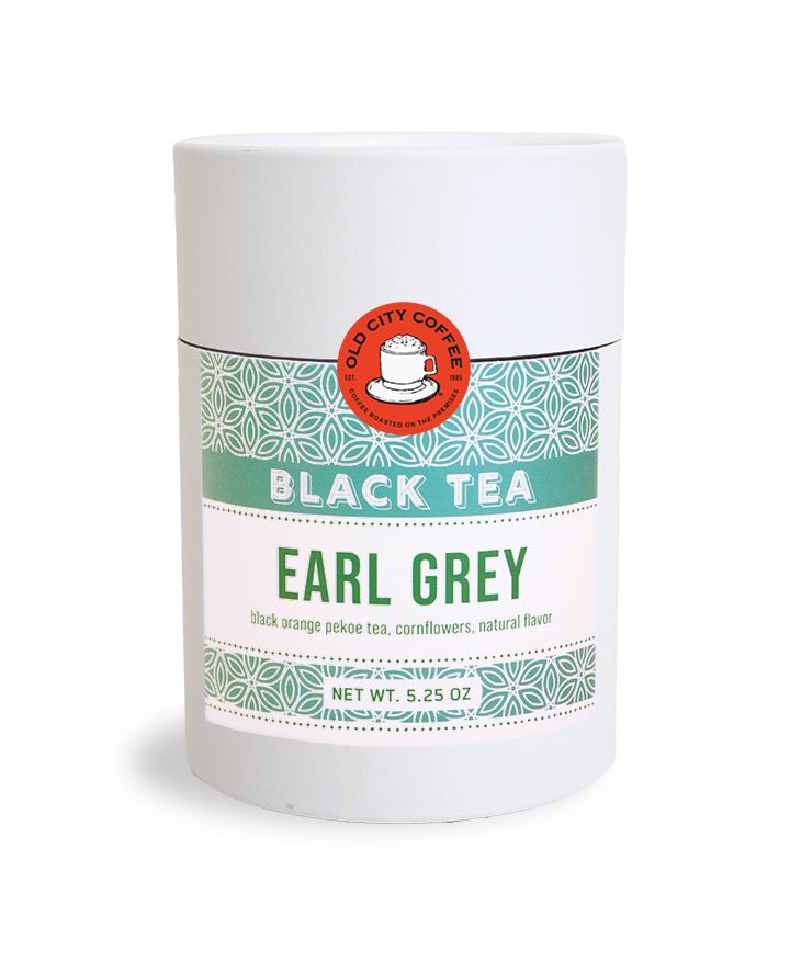 White Old City Coffee canister of Earl Grey black tea with a green patterned label