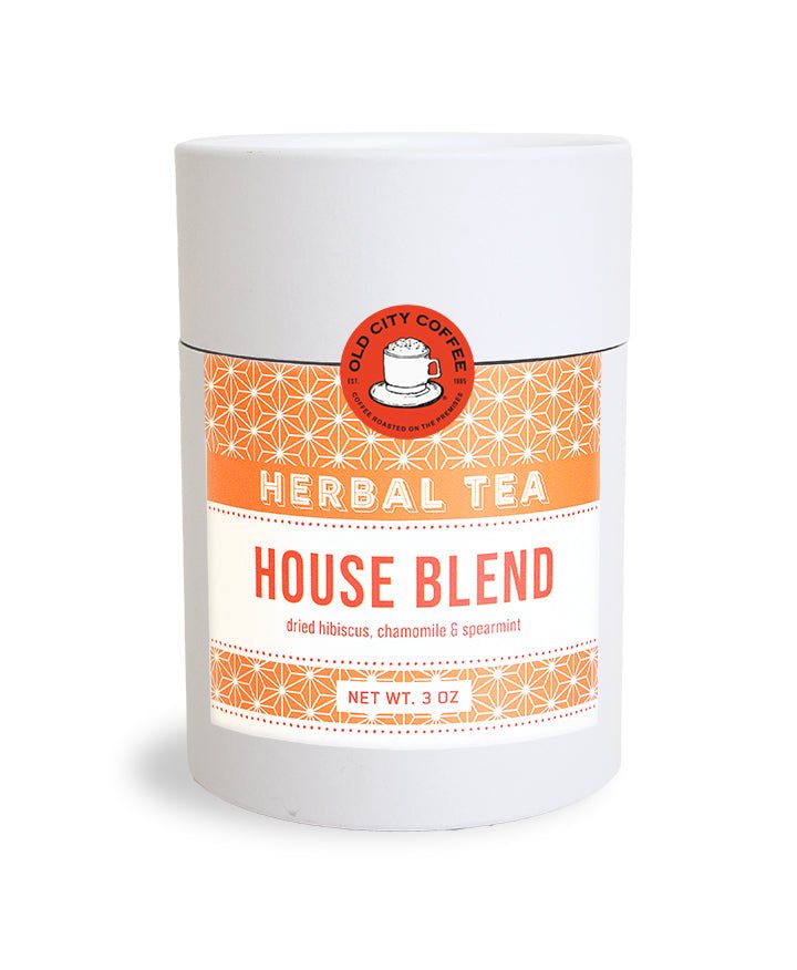 White Old City Coffee canister of House Blend herbal tea with an orange patterned label