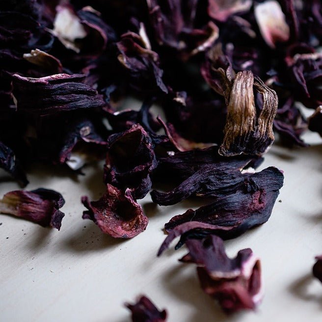 Macro view of dark red dried hibiscus petals