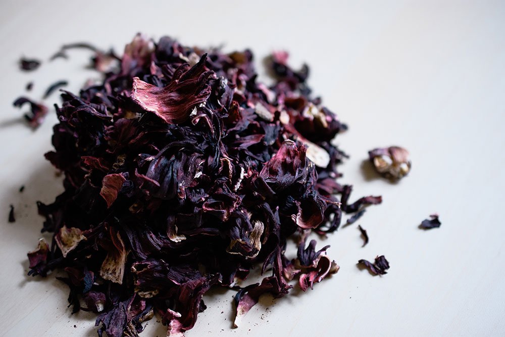 Heap of dried hibiscus petals in close-up