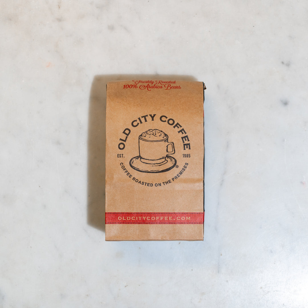 Kraft Old City Coffee bag of coffee viewed from above on a marble counter