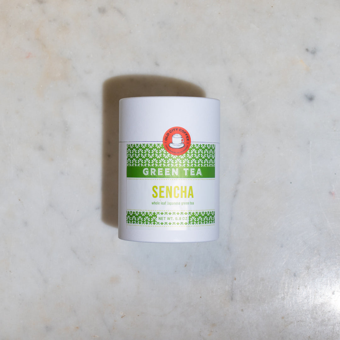 White Old City Coffee canister of Sencha green tea with a green label