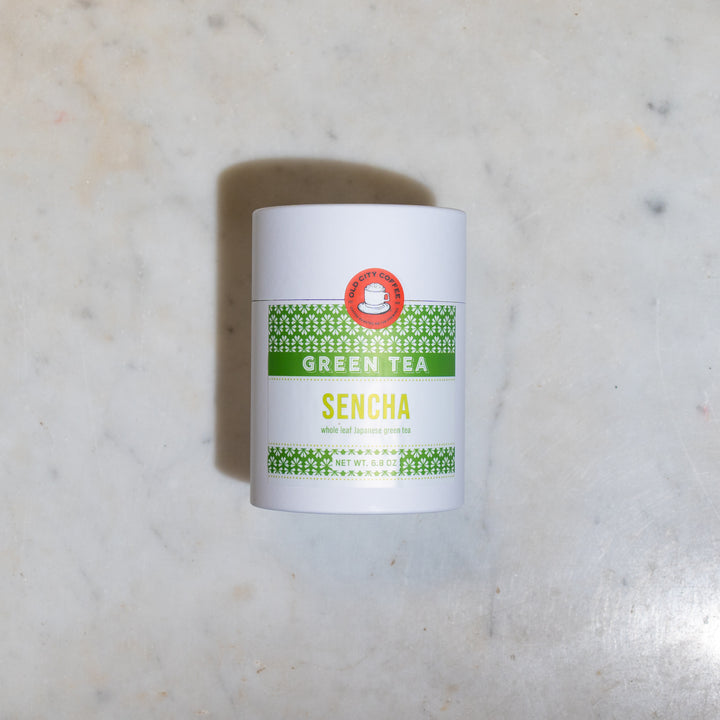 White Old City Coffee canister of Sencha green tea with a green label
