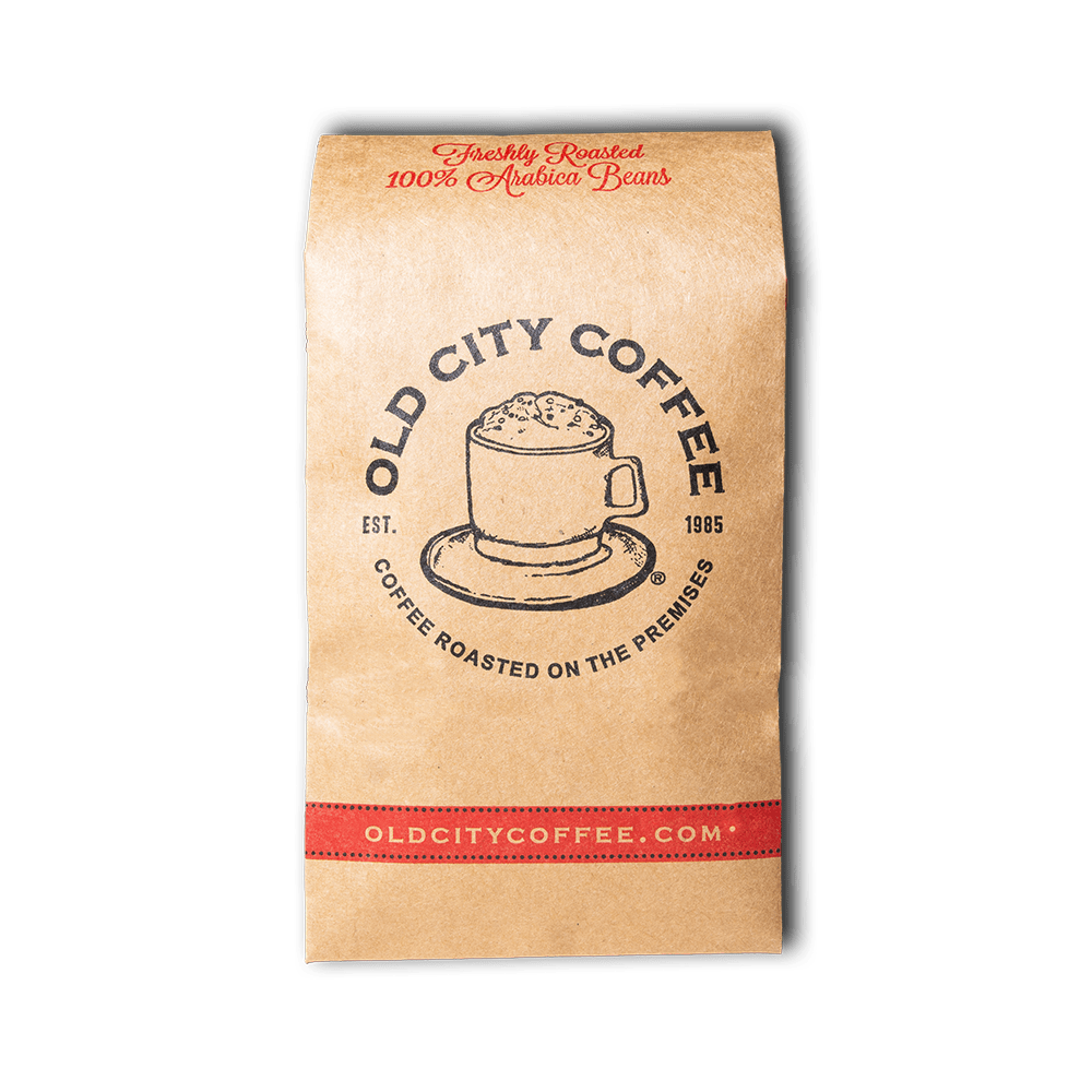 Kraft paper Old City Coffee bag with a red band reading oldcitycoffee.com